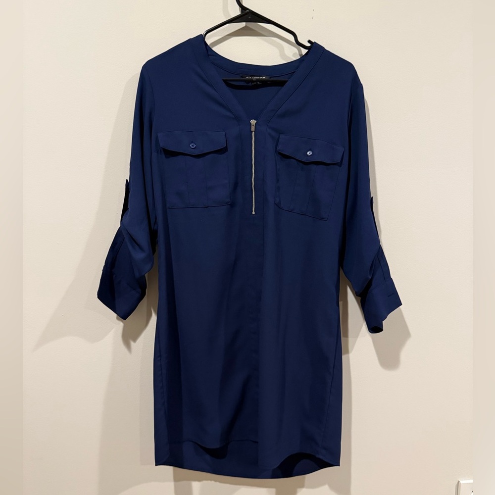Express Women’s Deep Blue V-Neck Zipper Top Blouse Size Medium
